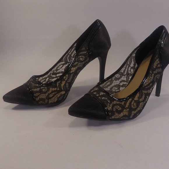 Fioni Clothing Womens Satin & Black Lace Slip On Pumps Classic and Timeless - Picture 1 of 6